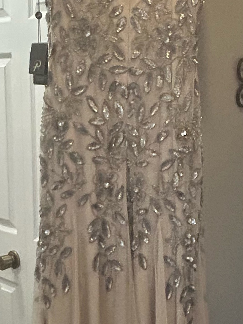 Adrianna Papell Champagne Beaded Leaf Motif Maxi Dress